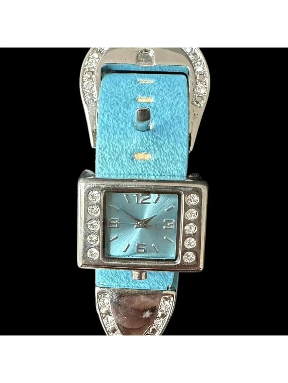 Vintage Blue Faux Leather Rhinestone Accent Watch